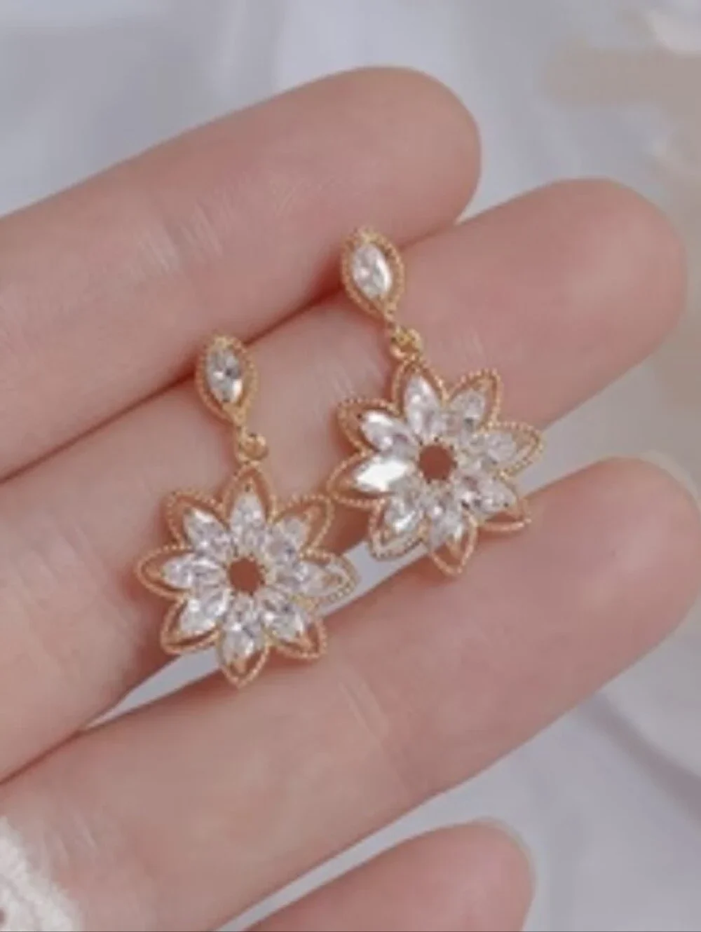 Gold Plated Dainty Zirconia Flower Hollow Stud Earrings